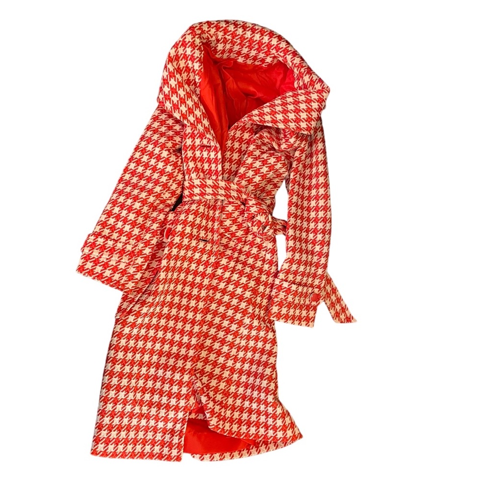Women’s red and white houndstooth coat